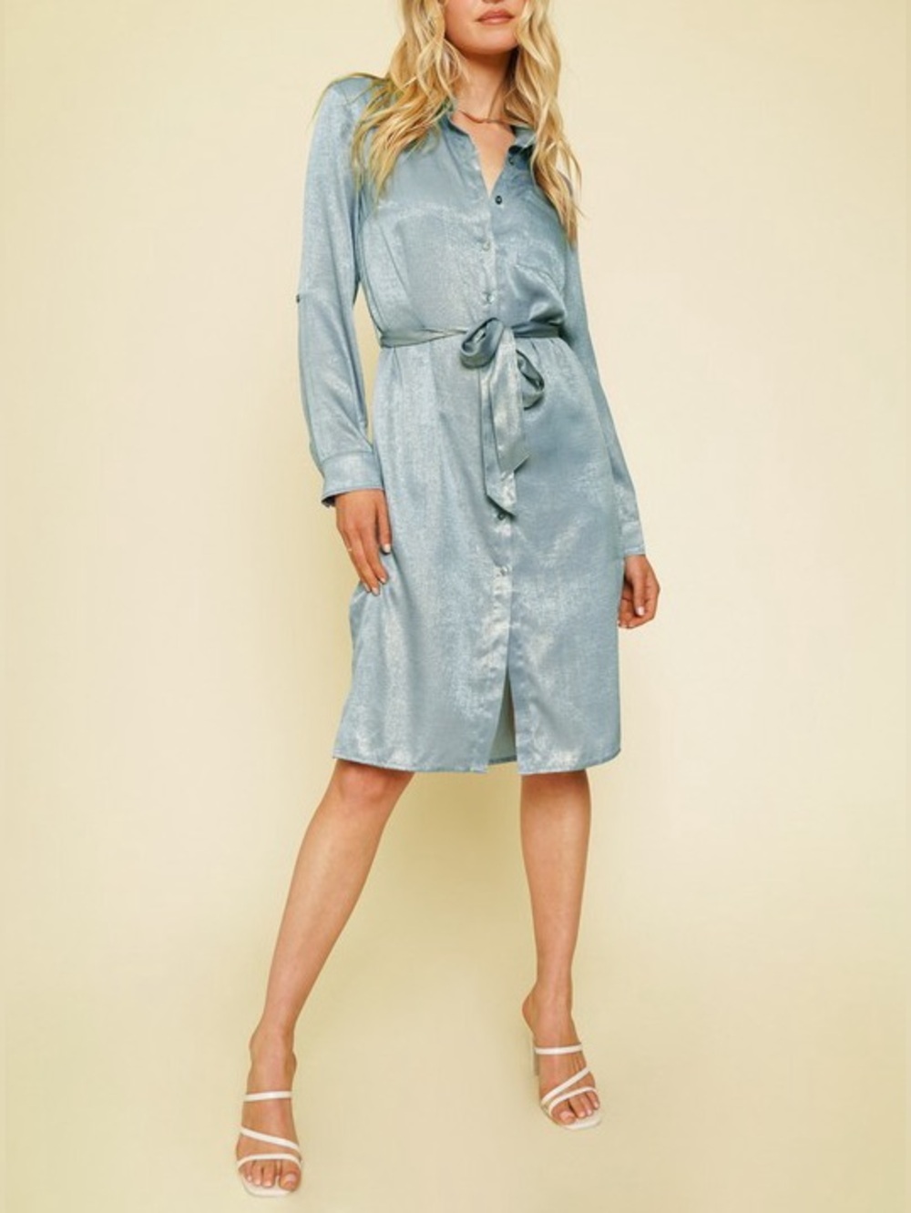 🍂SPECIAL🍂SHINEY SATIN SHIRT DRESS WITH WAIST TIE|SILVER BLUE
